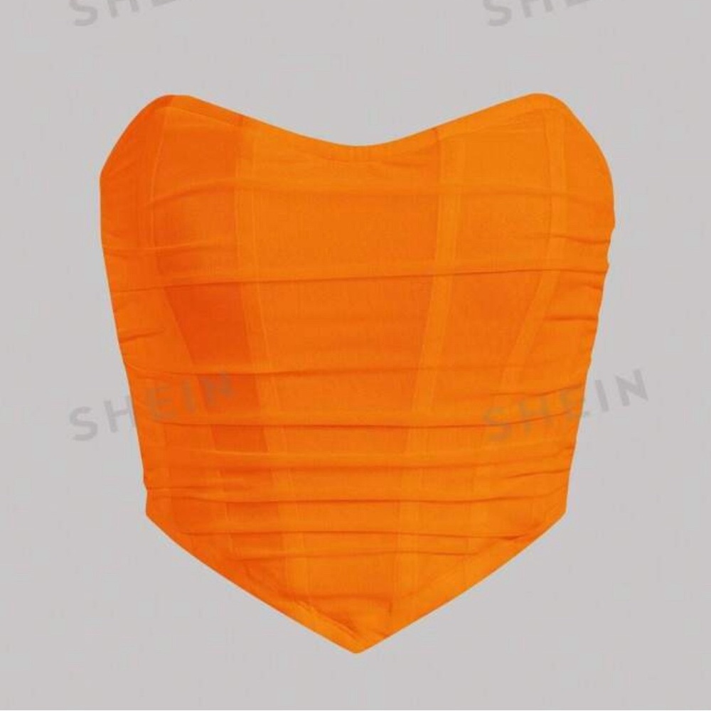 SHEIN MOD Solid Ruched Bandana Hem Fish Bone Decoration Summer Mesh Tube Top